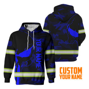 Hi Vis Hoodie Reflective Skull Blue Camo Neon US Flag Custom Name Safety Workwear For Workers, Runners, Cyclists, Trucker, Operator, Patriotic