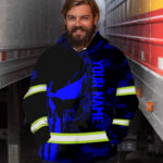 Hi Vis Hoodie Reflective Skull Blue Camo Neon US Flag Custom Name Safety Workwear For Workers, Runners, Cyclists, Trucker, Operator, Patriotic
