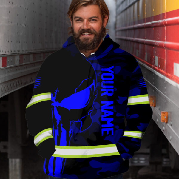 Hi Vis Hoodie Reflective Skull Blue Camo Neon US Flag Custom Name Safety Workwear For Workers, Runners, Cyclists, Trucker, Operator, Patriotic