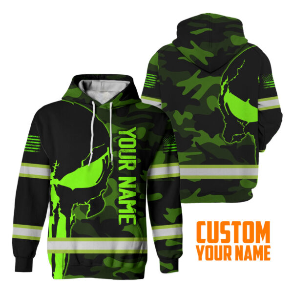 Hi Vis Hoodie Reflective Skull Camo Neon US Flag Custom Name Safety Workwear For Workers, Runners, Cyclists, Trucker, Operator, Patriotic