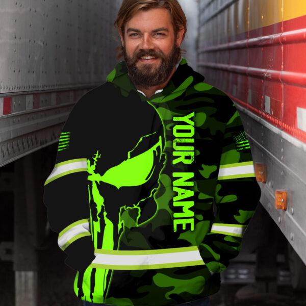 Hi Vis Hoodie Reflective Skull Camo Neon US Flag Custom Name Safety Workwear For Workers, Runners, Cyclists, Trucker, Operator, Patriotic