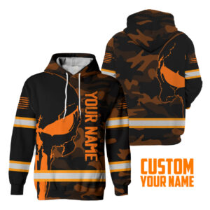 Hi Vis Hoodie Reflective Skull Orange Camo Neon US Flag Custom Name Safety Workwear For Workers, Runners, Cyclists, Trucker, Operator, Patriotic