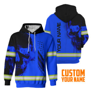 Hi Vis Hoodie Reflective Skull US Flag Blue Neon Custom Name Safety Workwear For Workers, Runners, Cyclists, Trucker, Operator, Patriotic