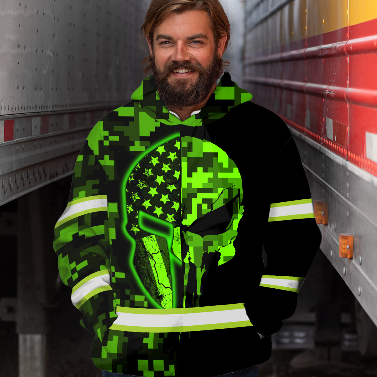 Hi Vis Hoodie Reflective Skull US Flag Camo Neon 2 Custom Name Safety