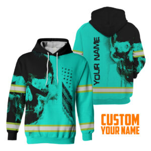 Hi Vis Hoodie Reflective Skull US Flag Mint Neon Custom Name Safety Workwear For Workers, Runners, Cyclists, Trucker, Operator, Patriotic