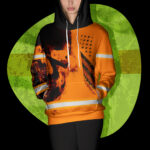 Hi Vis Hoodie Reflective Skull US Flag Orange Neon Custom Name Safety Workwear For Workers, Runners, Cyclists, Trucker, Operator, Patriotic