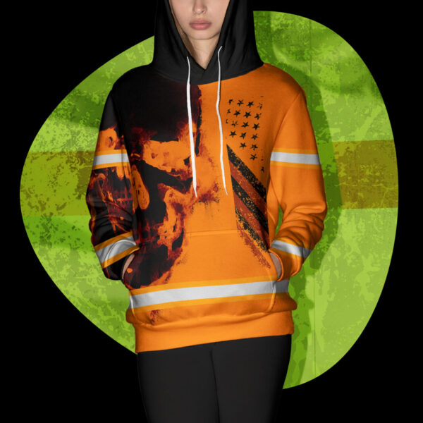 Hi Vis Hoodie Reflective Skull US Flag Orange Neon Custom Name Safety Workwear For Workers, Runners, Cyclists, Trucker, Operator, Patriotic