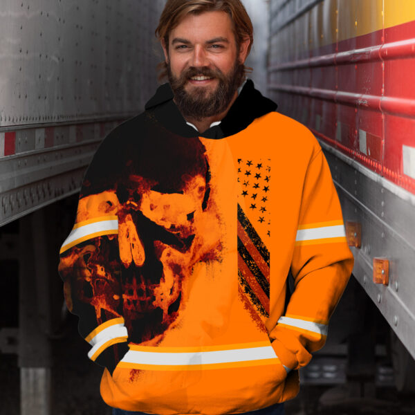 Hi Vis Hoodie Reflective Skull US Flag Orange Neon Custom Name Safety Workwear For Workers, Runners, Cyclists, Trucker, Operator, Patriotic