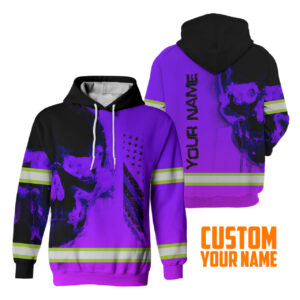 Hi Vis Hoodie Reflective Skull US Flag Violet Neon Custom Name Safety Workwear For Workers, Runners, Cyclists, Trucker, Operator, Patriotic