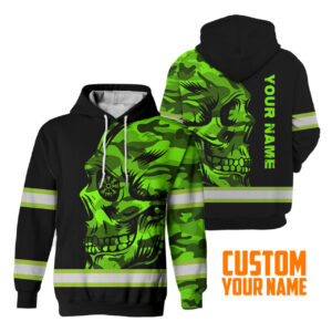 Hi Vis Hoodie Reflective Skull Viking Camo Neon Custom Name Safety Workwear For Worker, Operator, Truckers, Patriotic