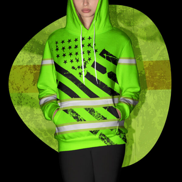 Hi Vis Hoodie Reflective Tapes Black Green USA Flag Safety Workwear For Workers, Runners, Cyclists, Patriotic