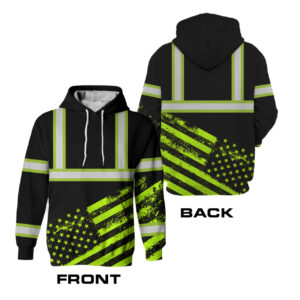 Hi Vis Hoodie Reflective Tapes Black USA Flag Safety Workwear For Workers, Runners, Cyclists, Patriotic