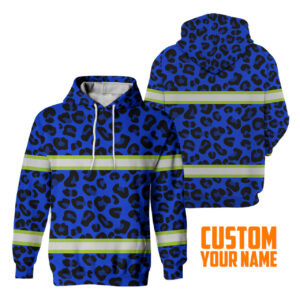 Hi Vis Hoodie Reflective Tapes Blue Leopard Safety Workwear For Workers, Runners, Cyclists
