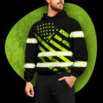 Hi Vis Hoodie Reflective Tapes Green Black USA Flag Safety Workwear For Workers, Runners, Cyclists, Patriotic
