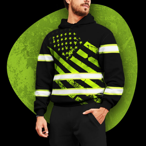 Hi Vis Hoodie Reflective Tapes Green Black USA Flag Safety Workwear For Workers, Runners, Cyclists, Patriotic
