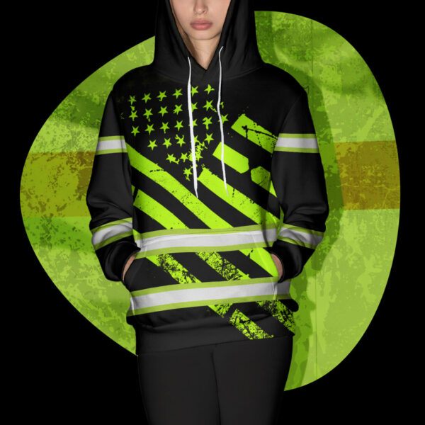 Hi Vis Hoodie Reflective Tapes Green Black USA Flag Safety Workwear For Workers, Runners, Cyclists, Patriotic