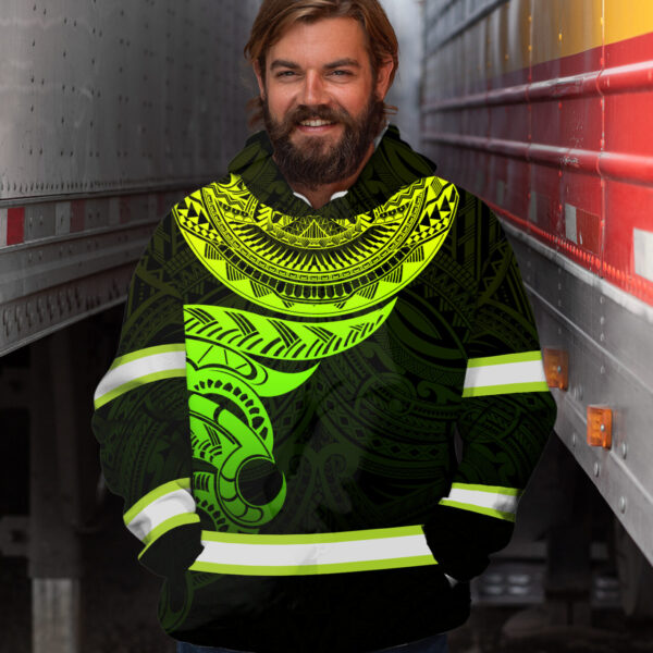 Hi Vis Hoodie Reflective Tapes Green Gradient Hawaiian Polynesian Tribal Custom Name Safety Workwear For Workers, Runners, Cyclists