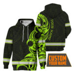 Hi Vis Hoodie Reflective Tapes Green Hawaiian Polynesian Tribal 2 Custom Name Safety Workwear For Workers, Runners, Cyclists
