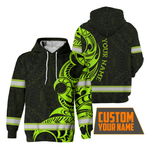 Hi Vis Hoodie Reflective Tapes Green Hawaiian Polynesian Tribal 2 Custom Name Safety Workwear For Workers, Runners, Cyclists