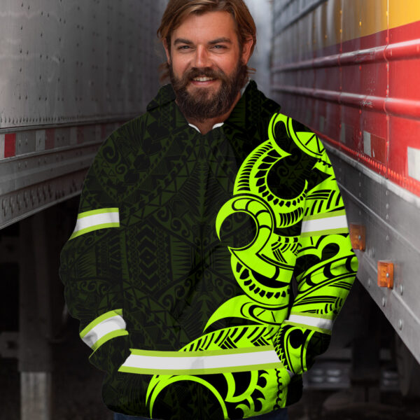 Hi Vis Hoodie Reflective Tapes Green Hawaiian Polynesian Tribal 2 Custom Name Safety Workwear For Workers, Runners, Cyclists