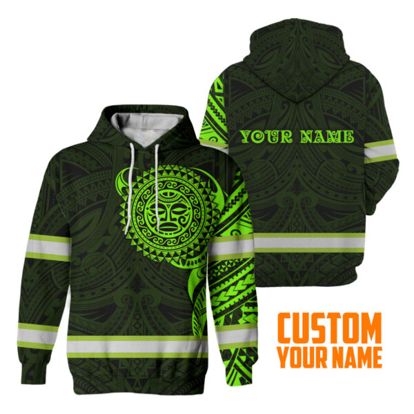 Hi Vis Hoodie Reflective Tapes Green Neon Hawaiian Polynesian Tribal Custom Name Safety Workwear For Workers, Runners, Cyclists