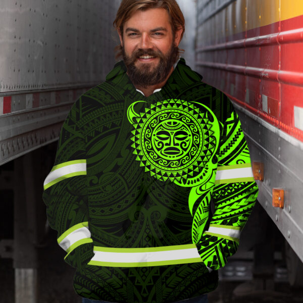 Hi Vis Hoodie Reflective Tapes Green Neon Hawaiian Polynesian Tribal Custom Name Safety Workwear For Workers, Runners, Cyclists
