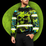 Hi Vis Hoodie Reflective Tapes Green Neon Skull Safety Workwear For Workers, Runners, Cyclists