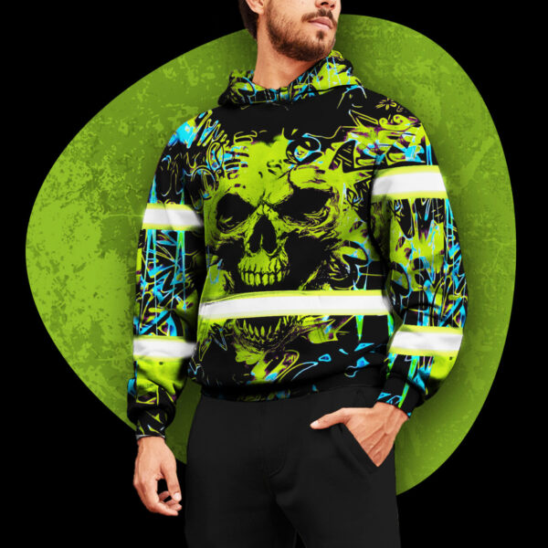Hi Vis Hoodie Reflective Tapes Green Neon Skull Safety Workwear For Workers, Runners, Cyclists