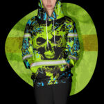 Hi Vis Hoodie Reflective Tapes Green Neon Skull Safety Workwear For Workers, Runners, Cyclists