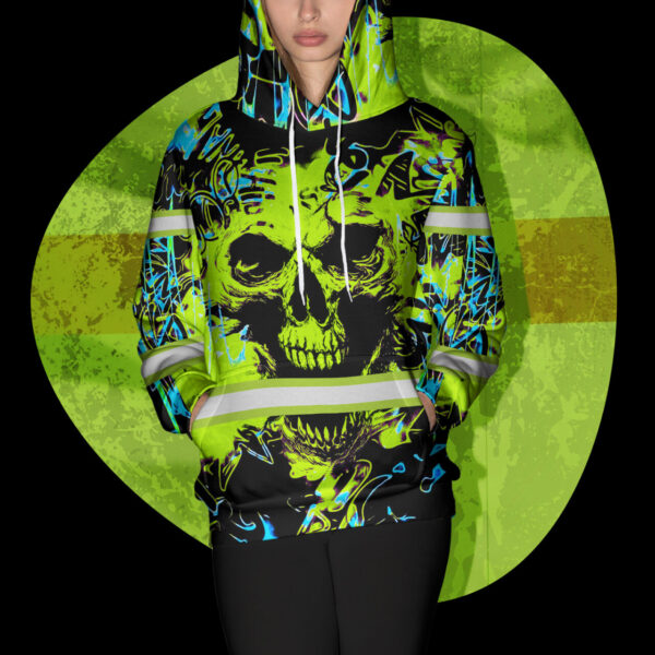 Hi Vis Hoodie Reflective Tapes Green Neon Skull Safety Workwear For Workers, Runners, Cyclists