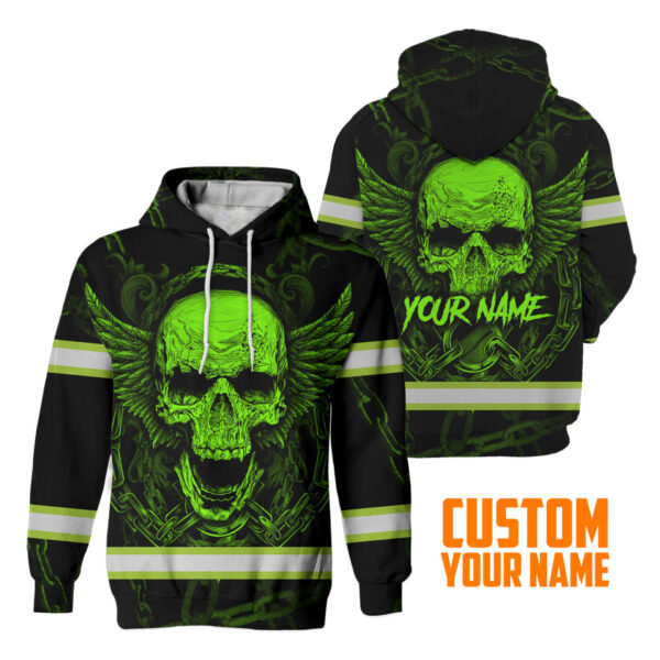 Hi Vis Hoodie Reflective Tapes Green Neon Skull With Chain Safety Workwear For Workers, Runners, Cyclists