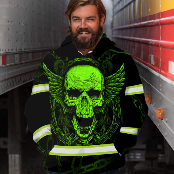 Hi Vis Hoodie Reflective Tapes Green Neon Skull With Chain Safety Workwear For Workers, Runners, Cyclists