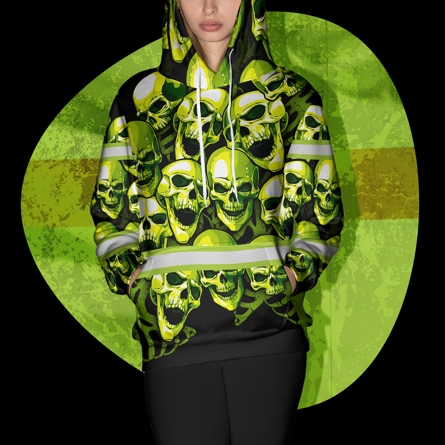 Hi Vis Hoodie Reflective Tapes Green Skull Safety Workwear