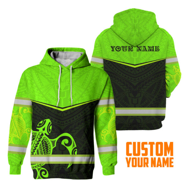 Hi Vis Hoodie Reflective Tapes Green Turtle Hawaiian Custom Name Safety Workwear For Workers, Runners, Cyclists, Patriotic