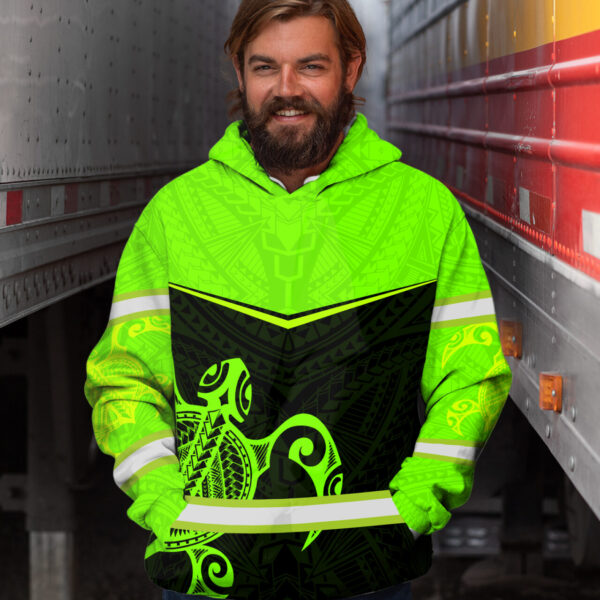 Hi Vis Hoodie Reflective Tapes Green Turtle Hawaiian Custom Name Safety Workwear For Workers, Runners, Cyclists, Patriotic