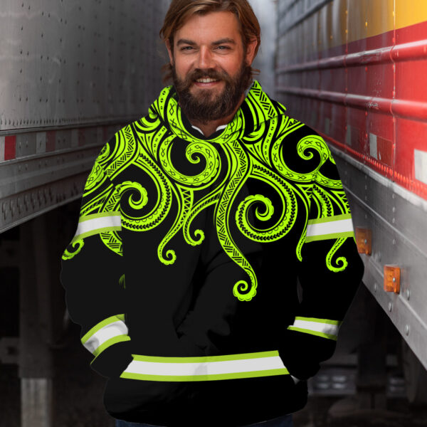Hi Vis Hoodie Reflective Tapes Octopus Hawaiian Polynesian Tribal Custom Name Safety Workwear For Workers, Runners, Cyclists