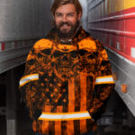 Hi Vis Hoodie Reflective Tapes Orange Skull US Flag Safety Workwear For Workers, Runners, Cyclists, Patriotic