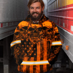 Hi Vis Hoodie Reflective Tapes Orange Skull US Flag Safety Workwear For Workers, Runners, Cyclists, Patriotic
