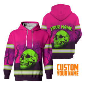 Hi Vis Hoodie Reflective Tapes Pink Forest Green Skull Safety Workwear For Workers, Runners, Cyclists