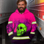 Hi Vis Hoodie Reflective Tapes Pink Forest Green Skull Safety Workwear For Workers, Runners, Cyclists