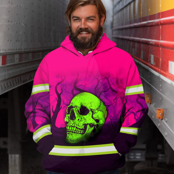 Hi Vis Hoodie Reflective Tapes Pink Forest Green Skull Safety Workwear For Workers, Runners, Cyclists
