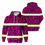 Hi Vis Hoodie Reflective Tapes Pink Leopard Safety Workwear For Workers, Runners, Cyclists