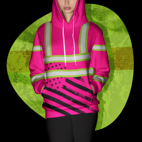 Hi Vis Hoodie Reflective Tapes Pink USA Flag Safety Workwear For Workers, Runners, Cyclists, Patriotic