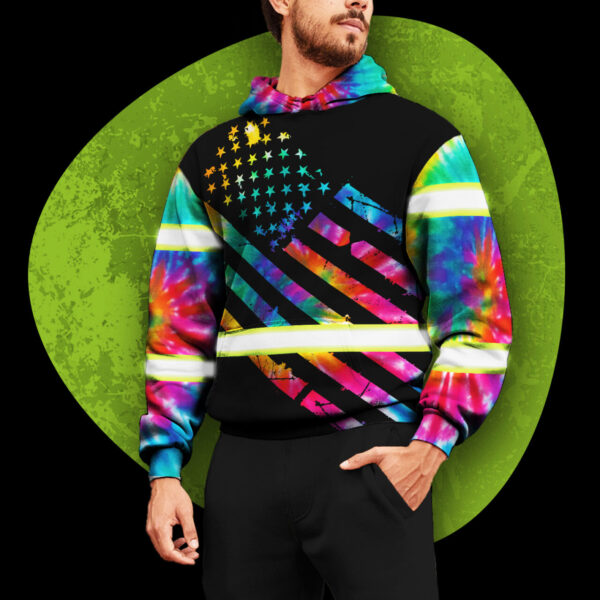Hi Vis Hoodie Reflective Tapes Rainbow Tie Dye Safety Workwear For Workers, Runners, Cyclists