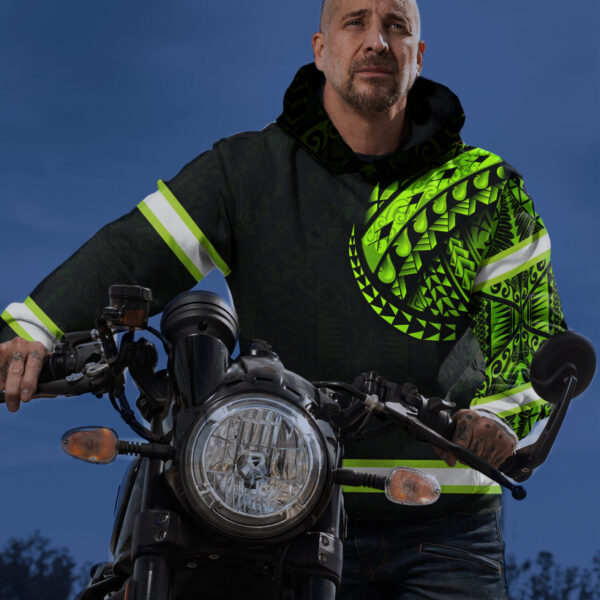 Hi Vis Hoodie Reflective Tapes Green Neon Hawaiian Polynesian Tribal Custom Name Safety Workwear For Workers, Runners, Cyclists
