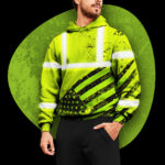 Hi Vis Hoodie Reflective Tapes Yellow Neon USA Flag Safety Workwear For Workers, Runners, Cyclists, Patriotic