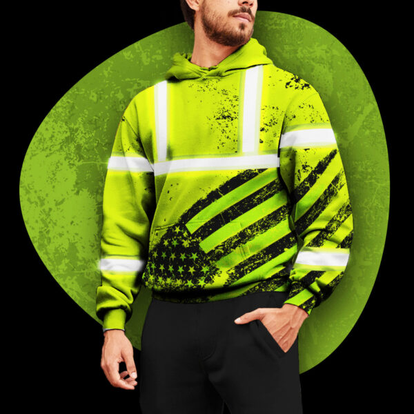 Hi Vis Hoodie Reflective Tapes Yellow Neon USA Flag Safety Workwear For Workers, Runners, Cyclists, Patriotic