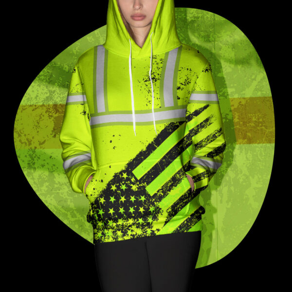 Hi Vis Hoodie Reflective Tapes Yellow Neon USA Flag Safety Workwear For Workers, Runners, Cyclists, Patriotic