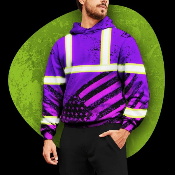 Hi Vis Hoodie Reflective Violet US Flag Paint Safety Workwear For Worker, Motorcycle Bicycle, Runner