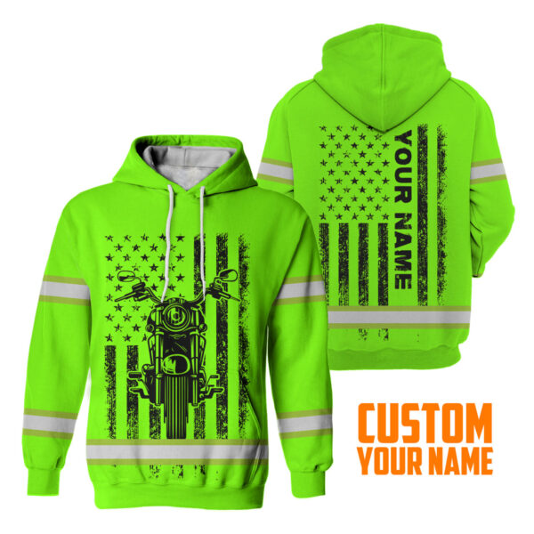 Hi Vis Hoodie Reflective Custom Name American Motorcycle US Flag Cool Biker Gift, Safety Workwear